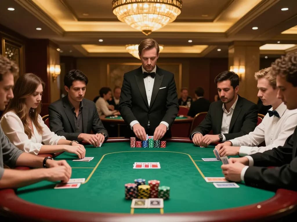 Pemain situs toto yang merencanakan strategi di sekitar meja poker berisiko tinggi di kasino mewah.