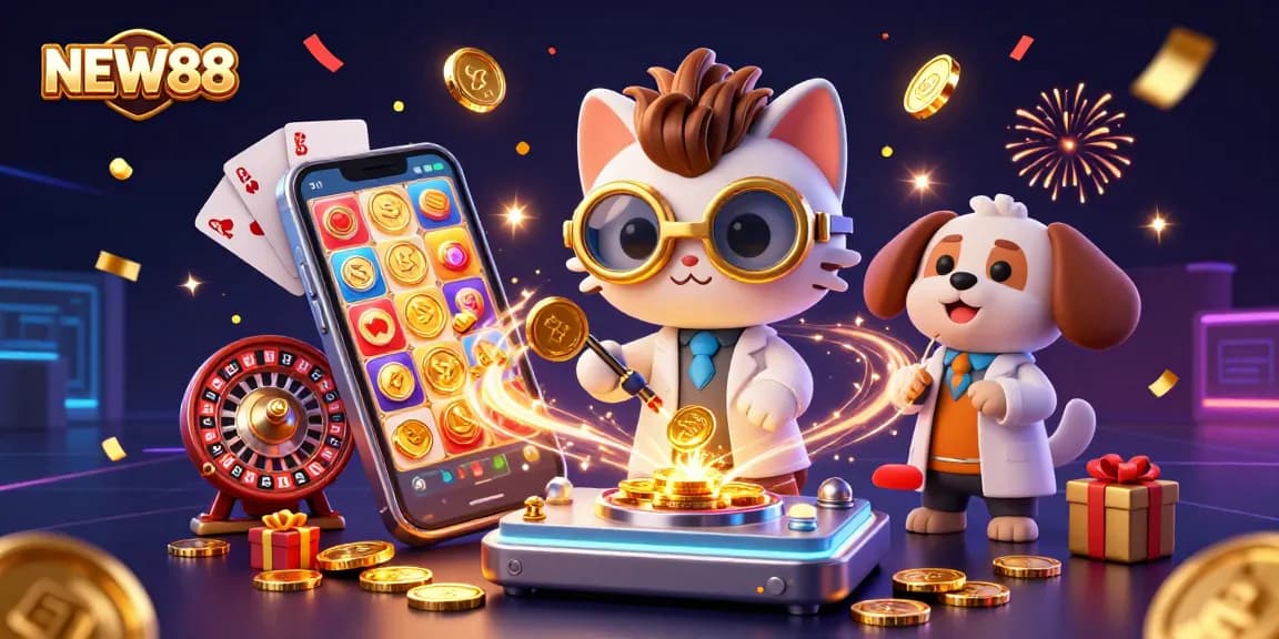 Experience exciting gameplay with NEW88 featuring colorful slots and a playful atmosphere in a captivating 3D illustration.