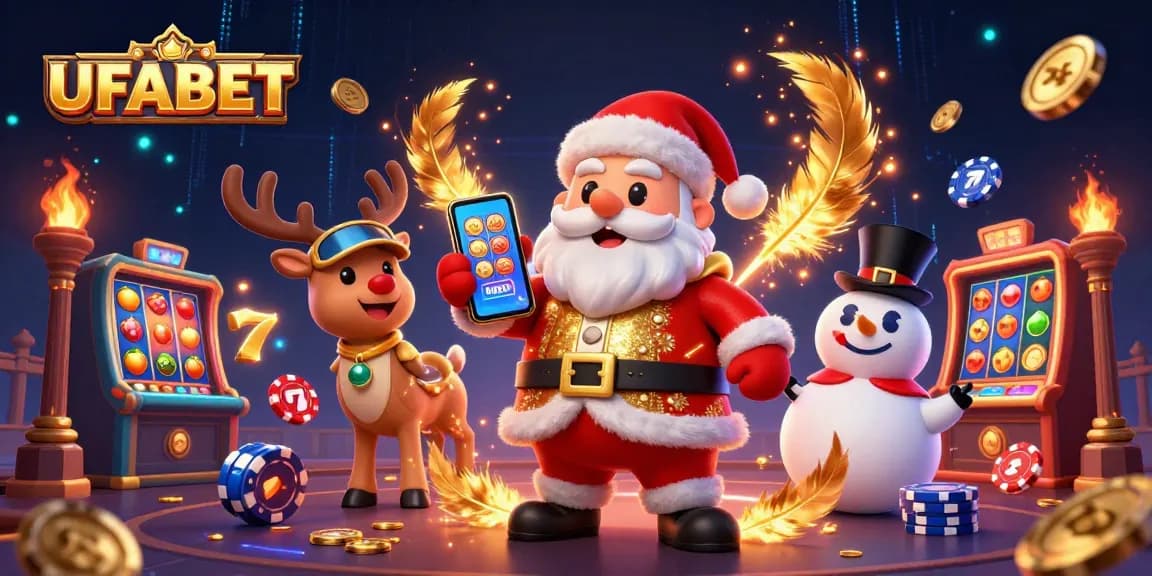 Spin jackpot slots with UFABET at a vibrant casino scene featuring Santa, a reindeer, and a poker chip snowman.