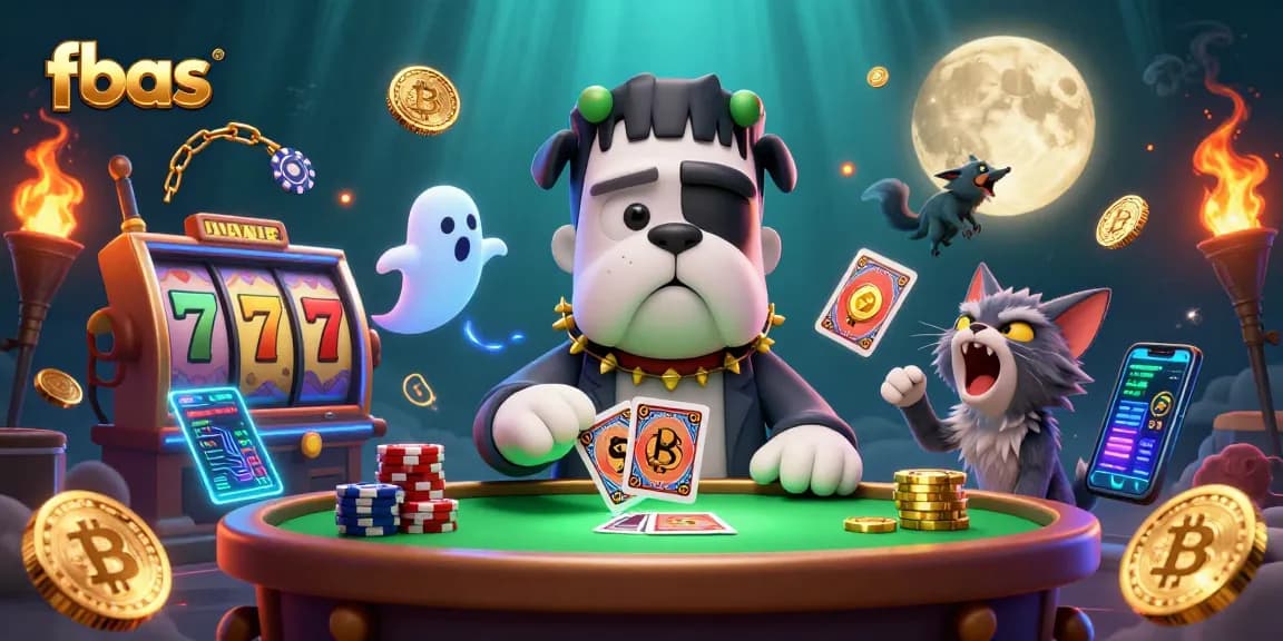 fbas showcases a bustling casino scene with a Frankenstein bulldog dealer at a card table.