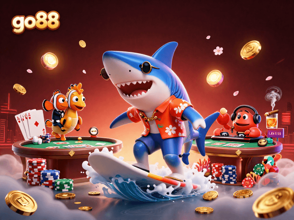 Experience go88 excitement with a shark surfing coins and poker elements in this dynamic casino scene.