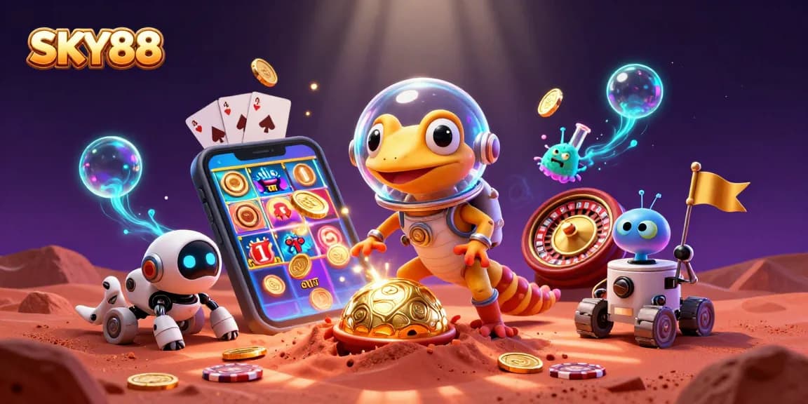 Engage in thrilling casino action at SKY88 with vibrant gaming elements and alien excitement.