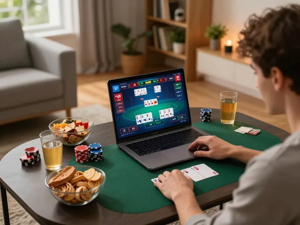 Engaging poker game on a laptop in a cozy home setting, highlighting hm88 online gambling.