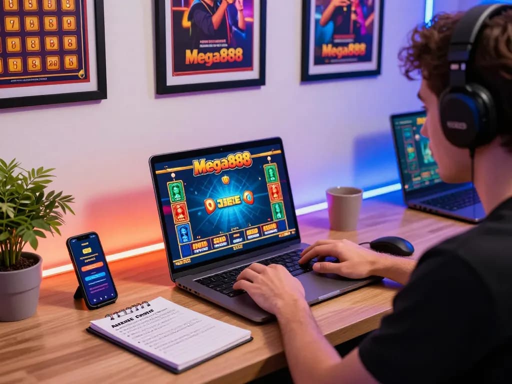 Enthusiastic player maximizing free credit mega888 in a vibrant online casino gaming setup with strategic notes and smartphone alerts.