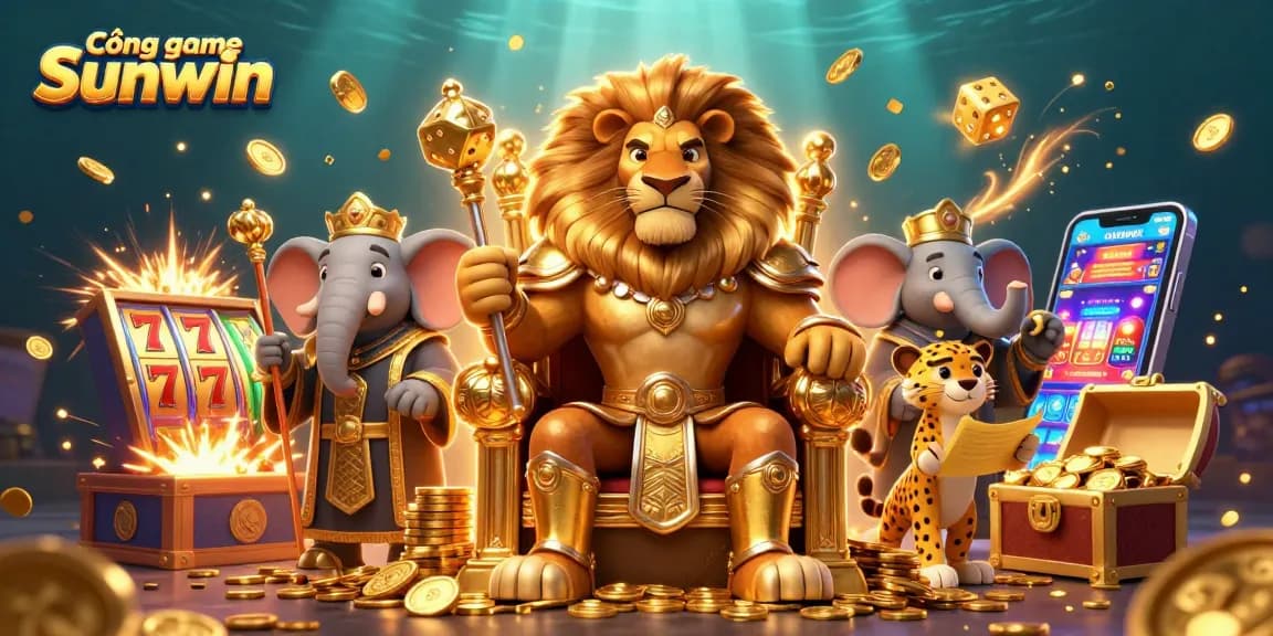 Cổng game Sunwin features vibrant 3D king and characters celebrating a casino jackpot moment with slot machines.