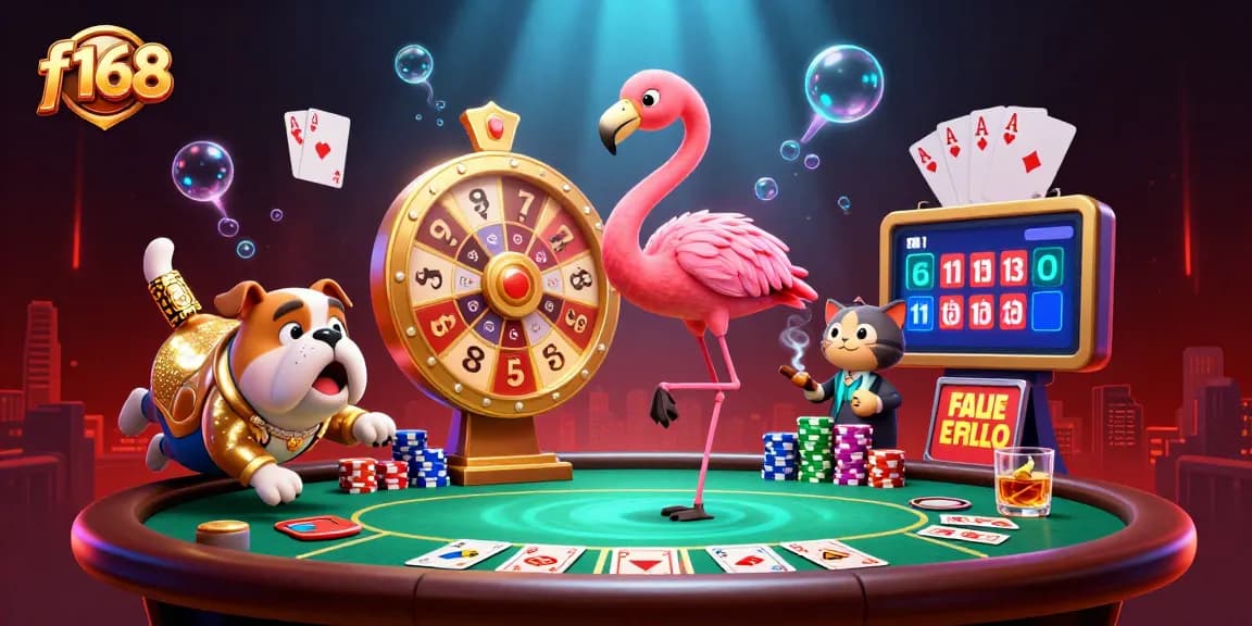 Join the excitement in f168 casino as the game show host flamingo spins to reveal prizes while dynamic poker elements surround the scene.