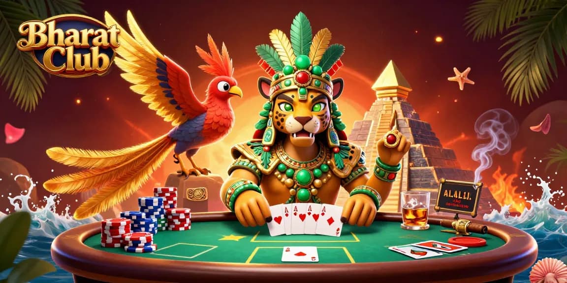 Bharat Club invites players to enjoy thrilling poker games with vibrant 3D artwork featuring a jaguar priest and quetzal bird.