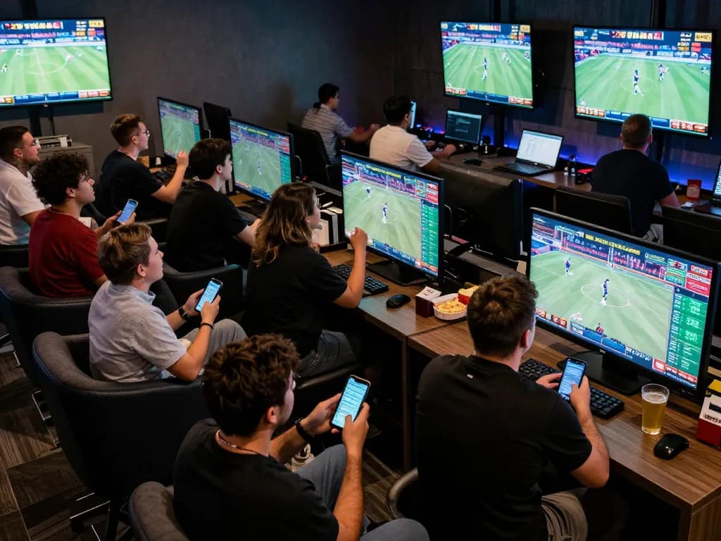 TWIN68 users enthusiastically placing bets in a vibrant sports betting lounge atmosphere