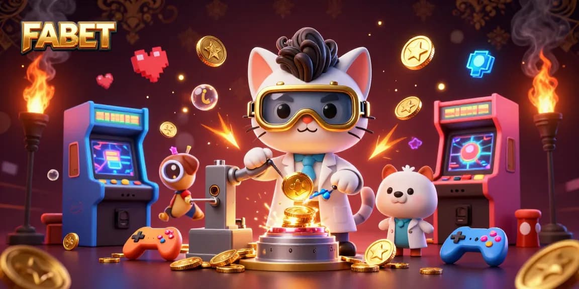 FABET offers thrilling gaming experiences with a mad scientist cat creating gold coins amidst a vibrant casino atmosphere.