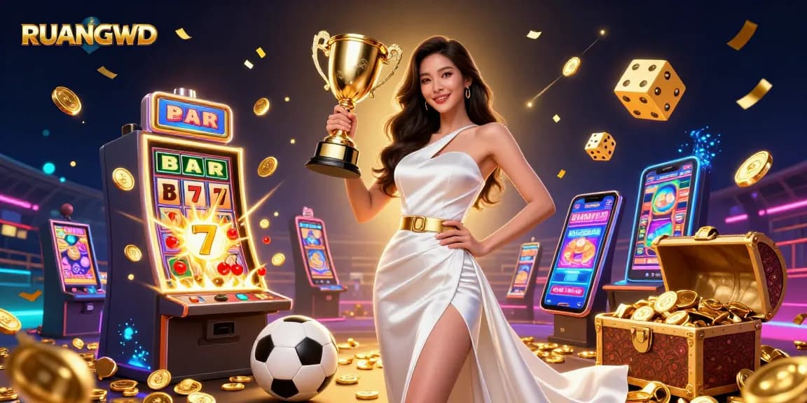 Experience the thrill of RUANGWD with a victorious Asian woman celebrating in a dazzling casino scene.