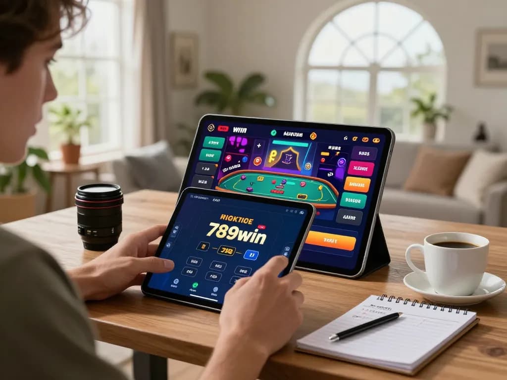Engaged gamer accessing the app 789win, enjoying a mobile casino experience at home.
