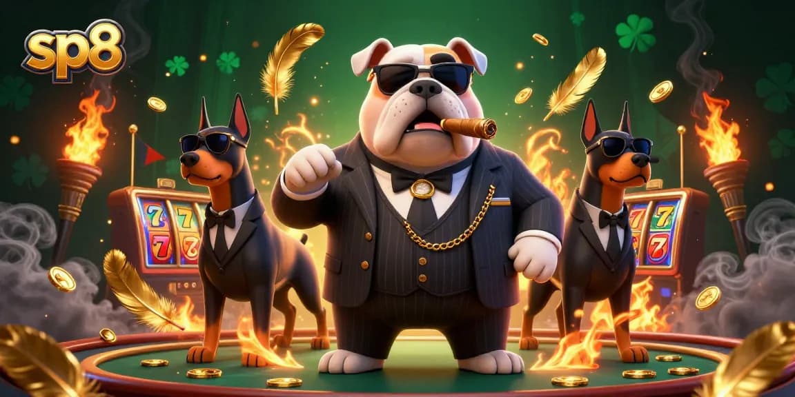 Spin the reels at sp8 with a mafia boss bulldog in a vibrant casino scene filled with gold coins.
