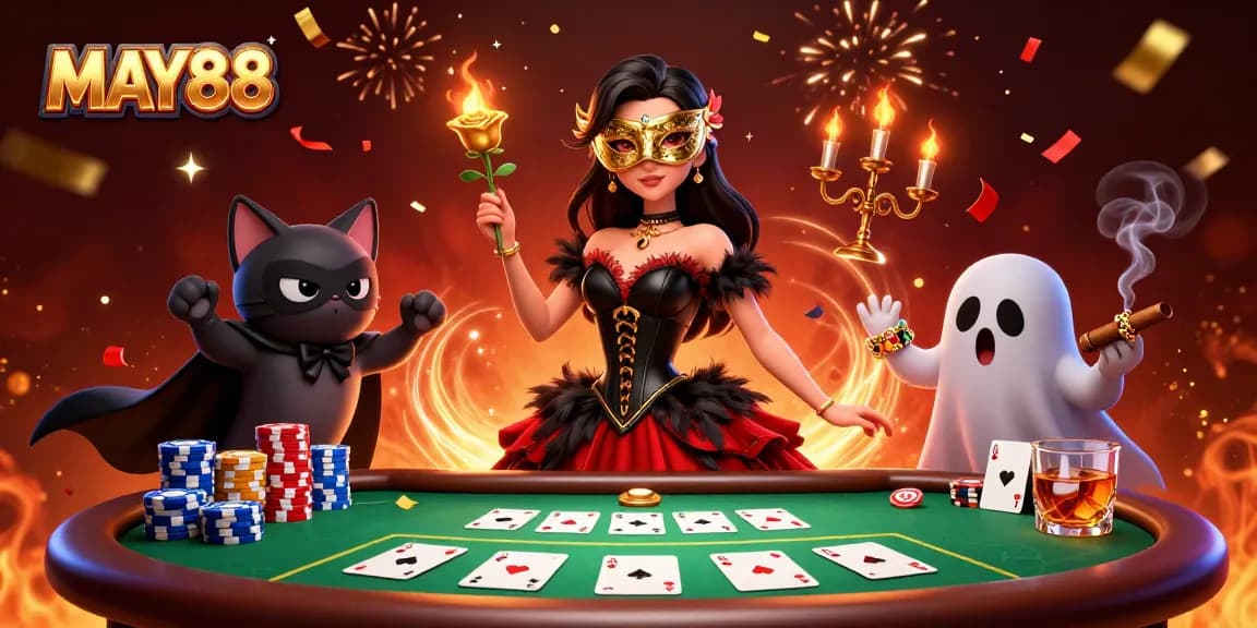 MAY88 casino scene showcasing a glamorous woman and a cartoon cat, vibrant poker elements and festive atmosphere.