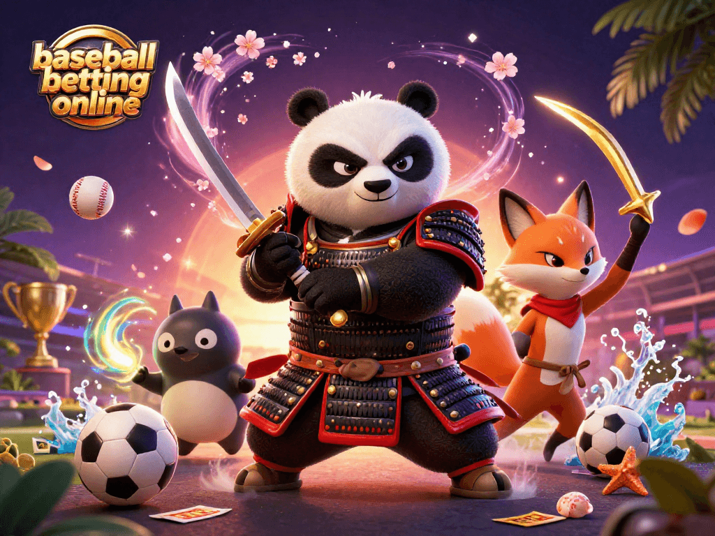 Experience baseball betting online with our dynamic scene featuring samurai panda and sports elements.