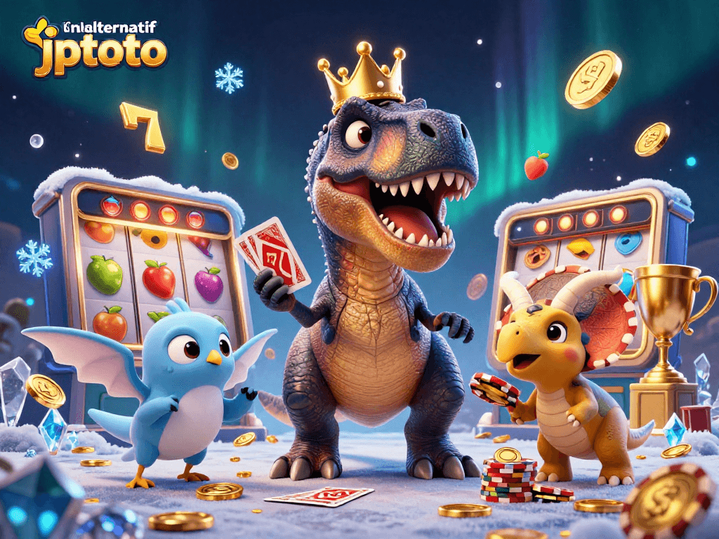 Stack cards while enjoying thrills with link alternatif jptoto, a vibrant slot scene filled with T-Rex and treasures.