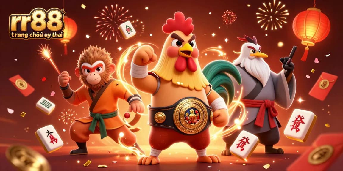 Engage with rr88 trang chủ uy tín featuring a lively scene with rooster martial artists and festive decorations