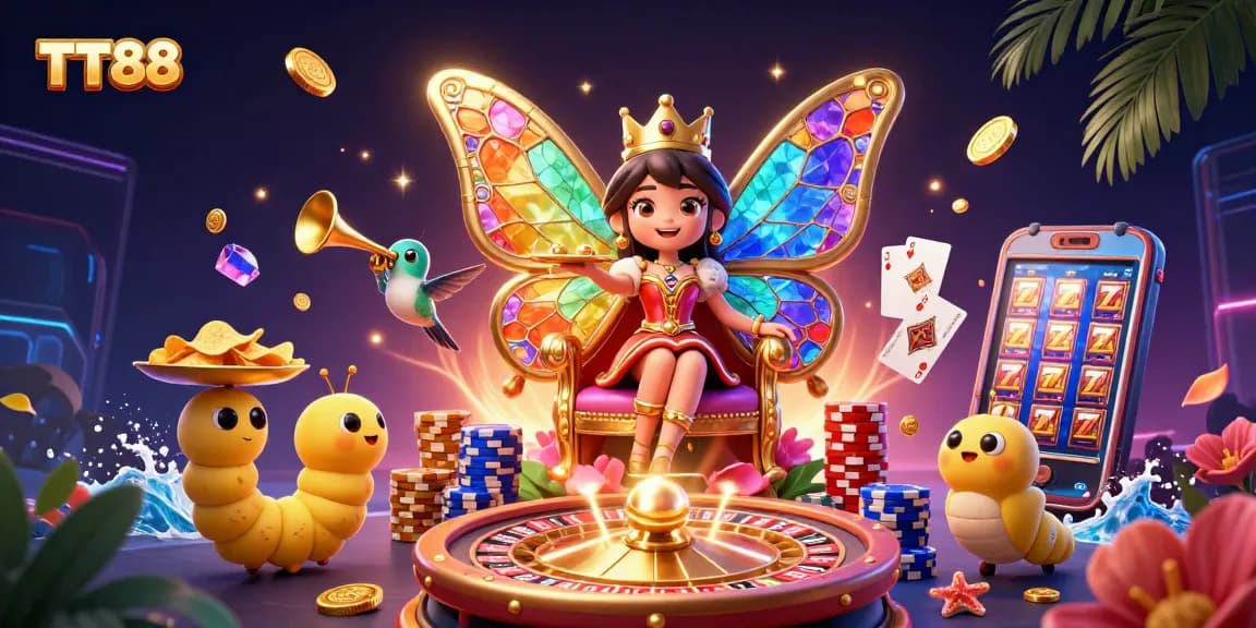 Win big at TT88 with a vibrant butterfly queen and dynamic casino games surrounding her.