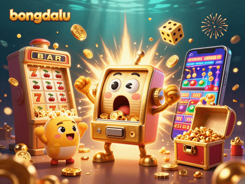 Bongdalu showcases a lively slot jackpot scene with colorful characters and vibrant casino elements.