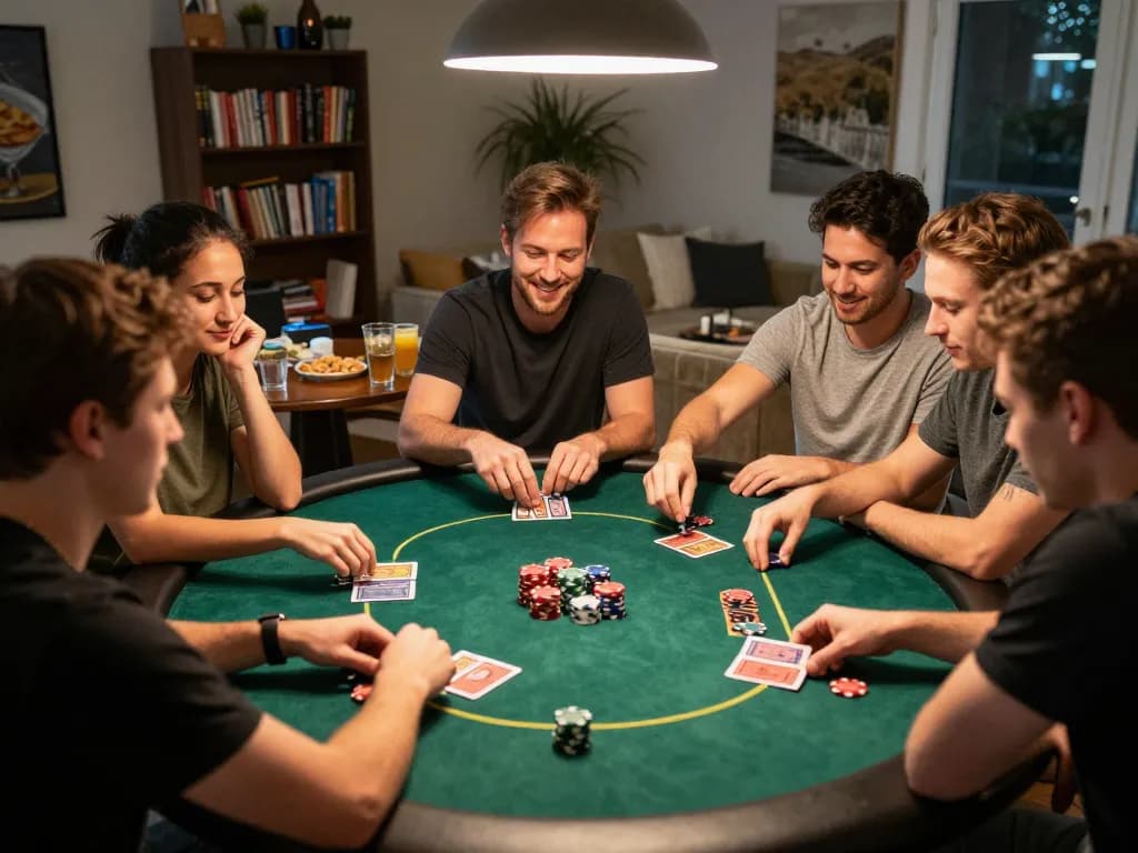 Enjoying a friendly poker night with strategic gameplay among friends at smartcityhostels.