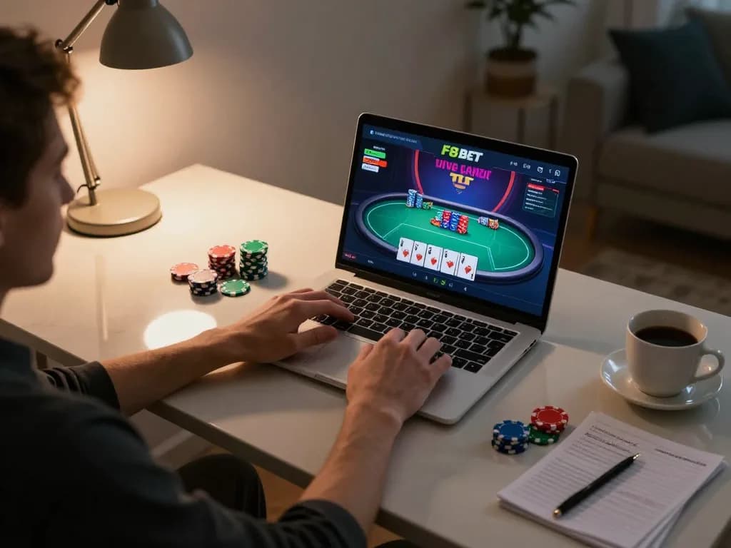 F8BET player enjoying an online poker game at home, chips and strategy notes visible.