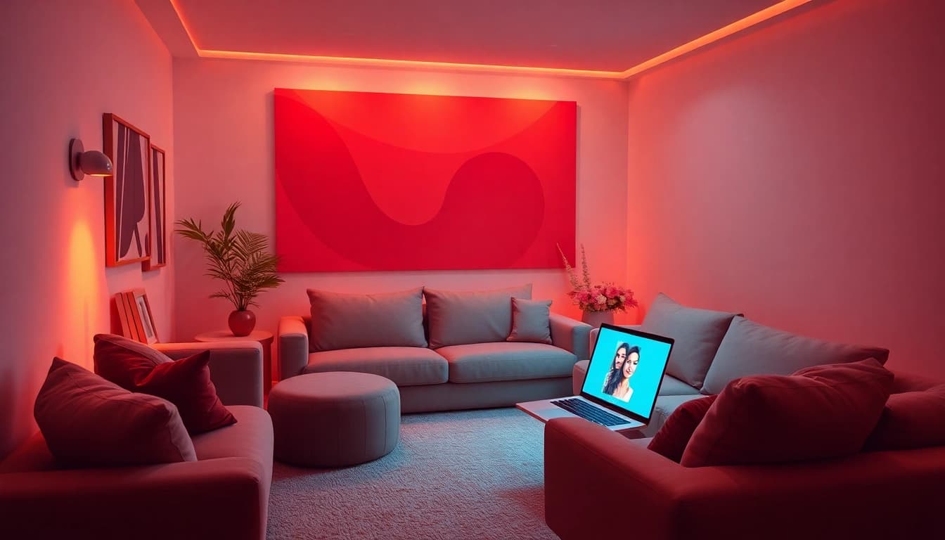 Engaging scene of a porn AI chat room with inviting ambiance and modern technology.