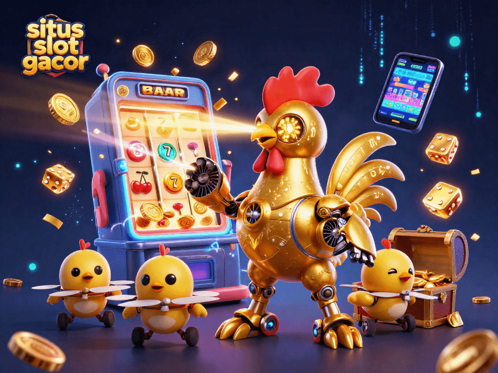 Experience the excitement of situs slot gacor with a vibrant 3D casino-themed illustration featuring a golden rooster robot.