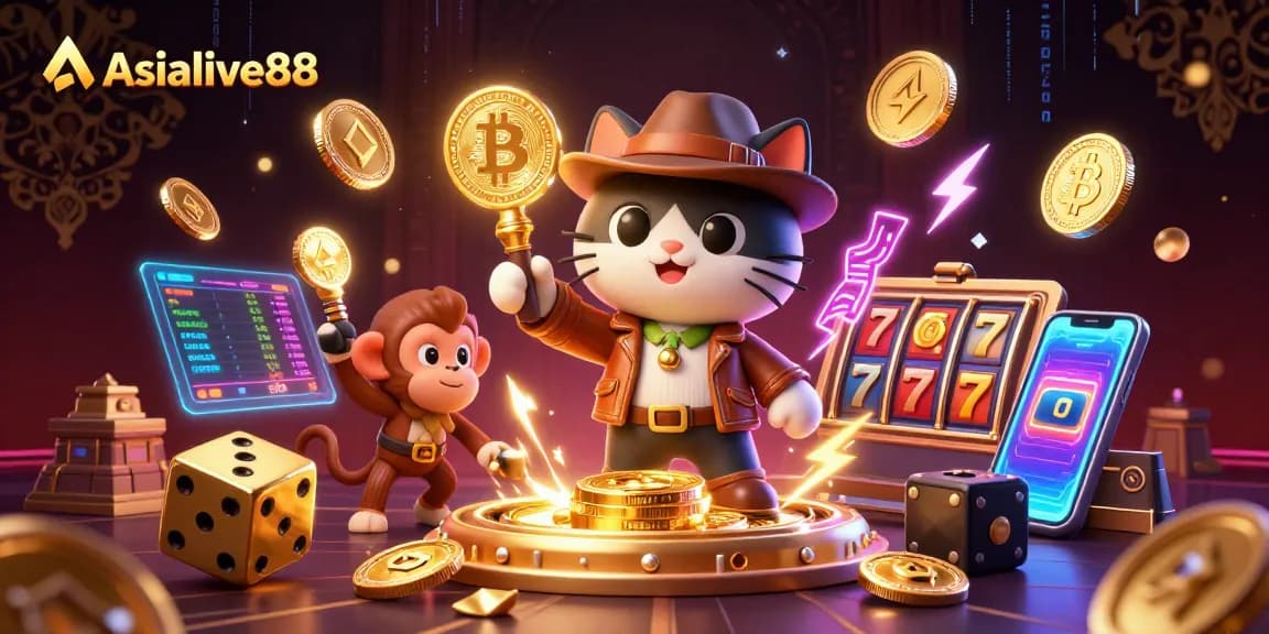 Engage in thrilling adventures with Asialive88 as the cat explorer finds casino treasures.
