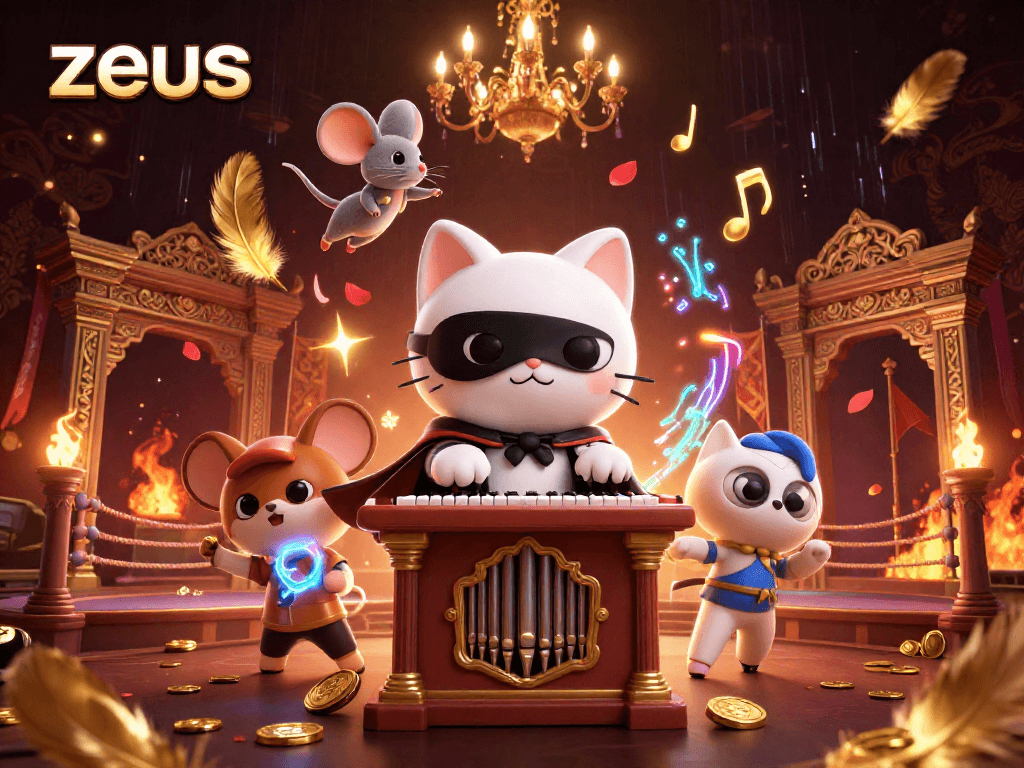 Experience zeus theme slots in action with a phantom cat at a grand organ and dynamic casino elements.