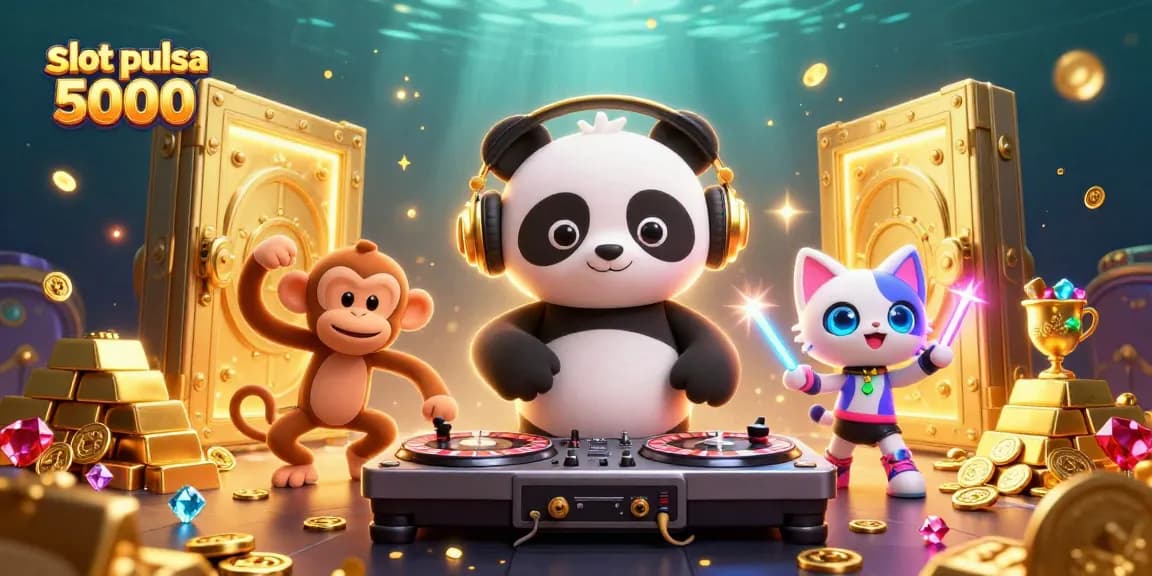 Menangkan jackpot di slot pulsa 5000 dengan DJ panda, monyet, dan kucing di pesta kasino yang meriah.