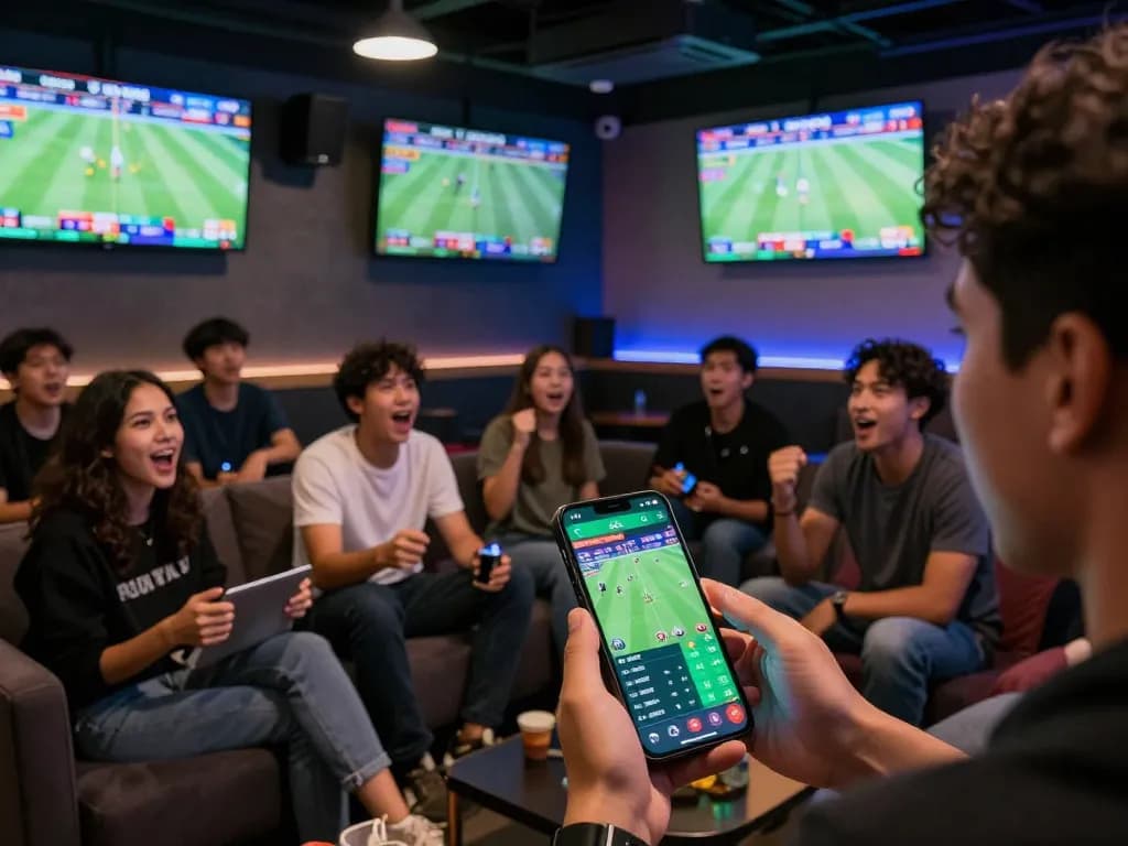 A fan excitedly checking soi kèo on a smartphone app while watching live sports in a bustling betting lounge