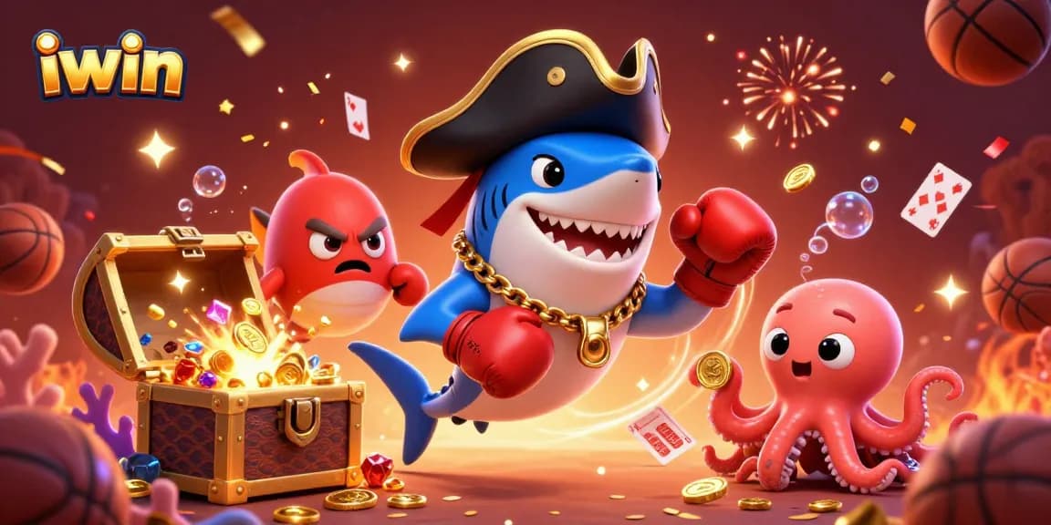 iwin sports betting scene with a pirate shark and friends surrounded by betting slips and gold coins
