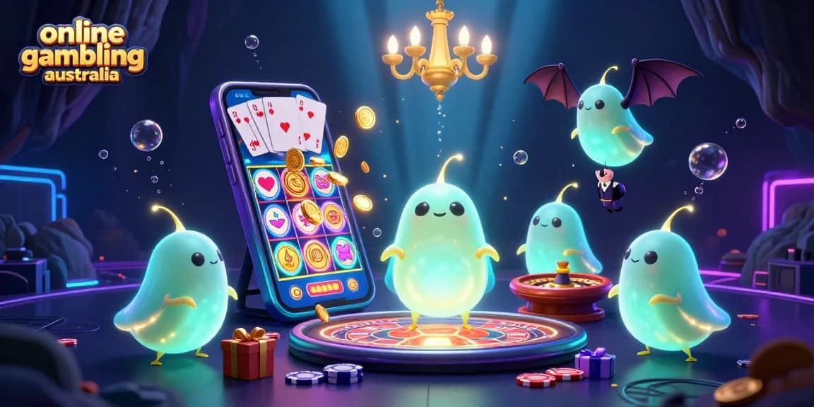 Experience online gambling australia with an imaginative cave casino filled with glowworms and vibrant game elements.