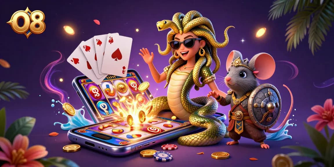 O8's vibrant 3D illustration showcases a friendly Medusa and warrior mouse amidst dynamic casino game action.