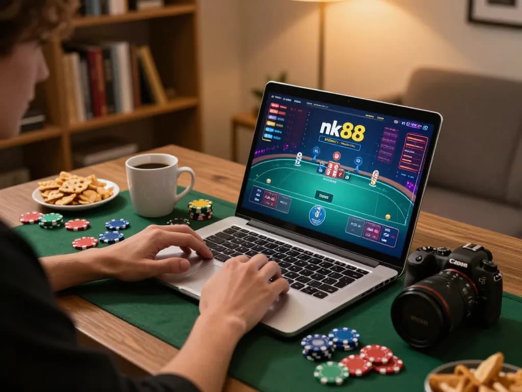 Player enjoying an online poker game at nk88, showcasing vibrant gameplay on a laptop in a cozy home setting.