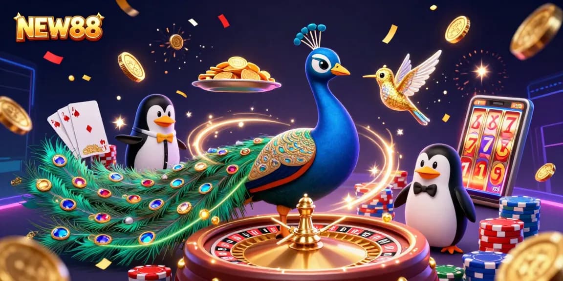 Experience MINIMAL risk betting on NEW88 with this vibrant casino scene featuring gold chips and sparkling gems.