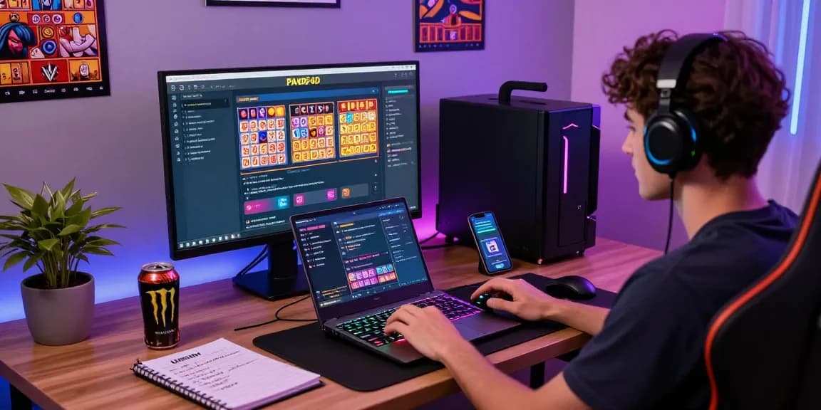 Engaged player at modern gaming setup exploring pakde4d online lottery interface with laptop and smartphone.