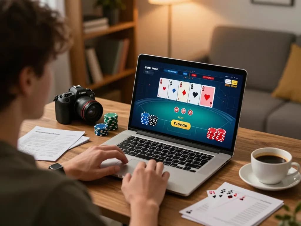 Player analyzing keluaran hk results on a laptop for strategic online poker gameplay in cozy home office.