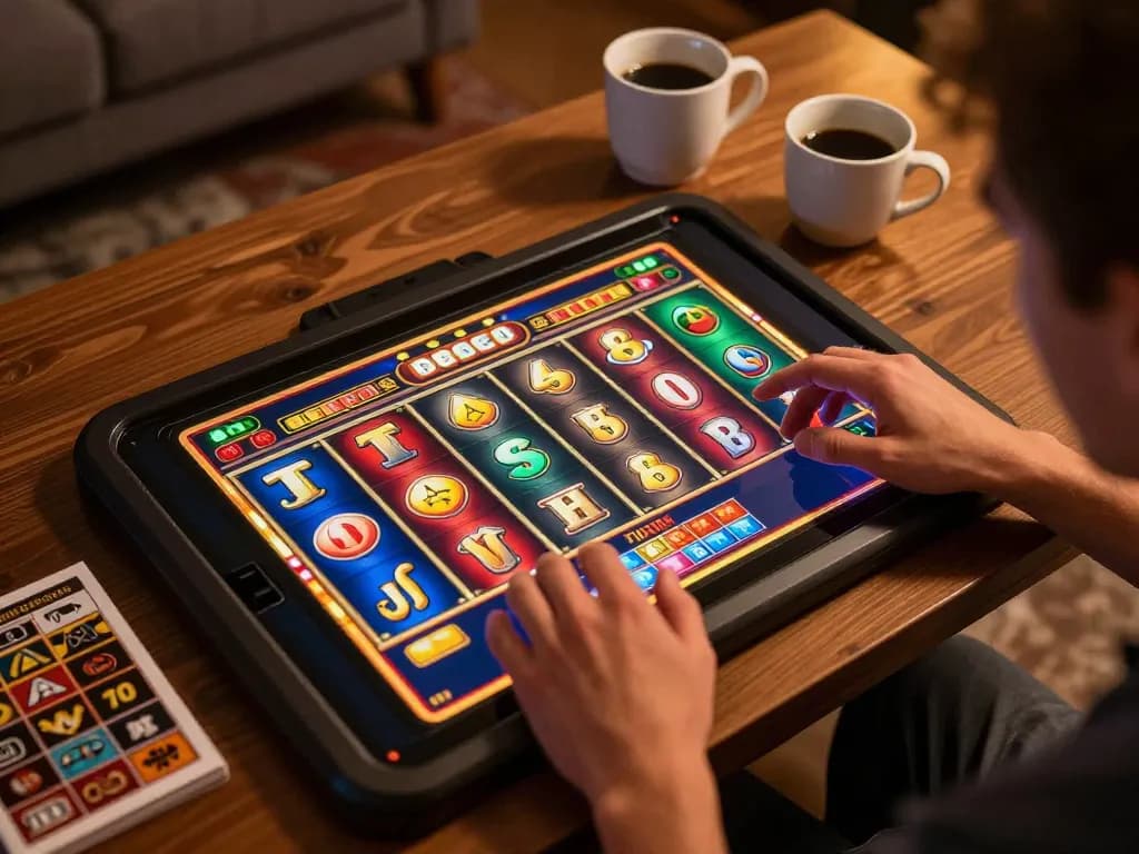 VN789 player spinning reels on tablet with vibrant graphics during online slot session at home.