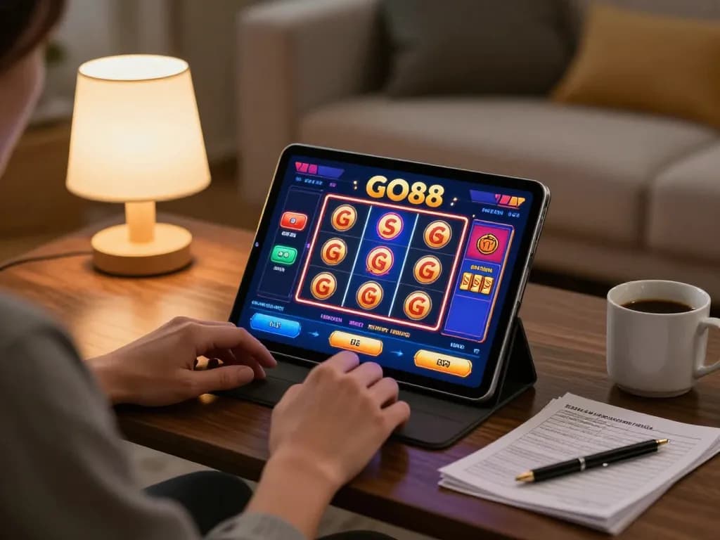 Engaging in GO88 online casino gaming, showcasing vibrant gameplay and strategic notes in a cozy setting.