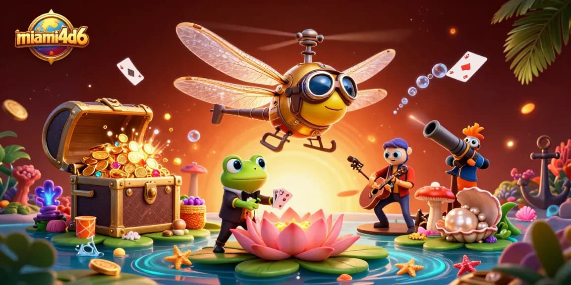 Experience the thrill of miami4d6 with a colorful 3D casino illustration showcasing vibrant characters and game elements.