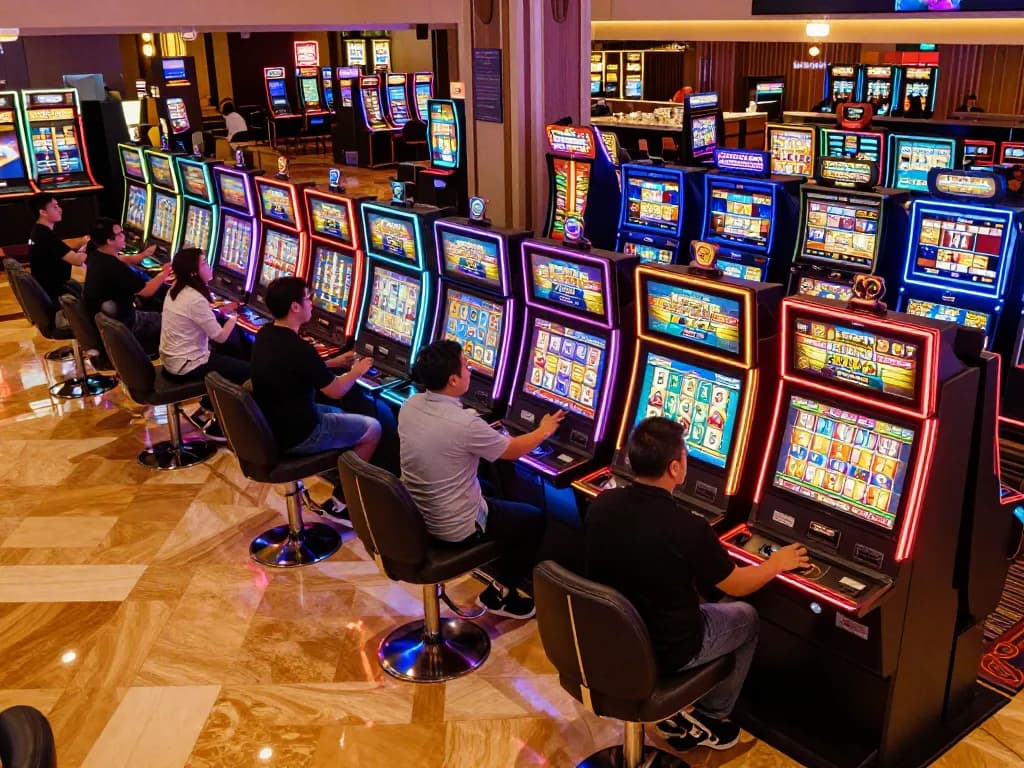 Players enjoying vibrant situs slot machines in a busy casino atmosphere.