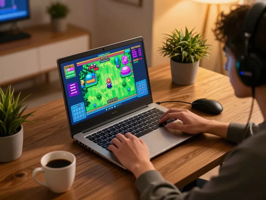Player experiencing zx88 on laptop in a cozy home gaming setup with vibrant graphics
