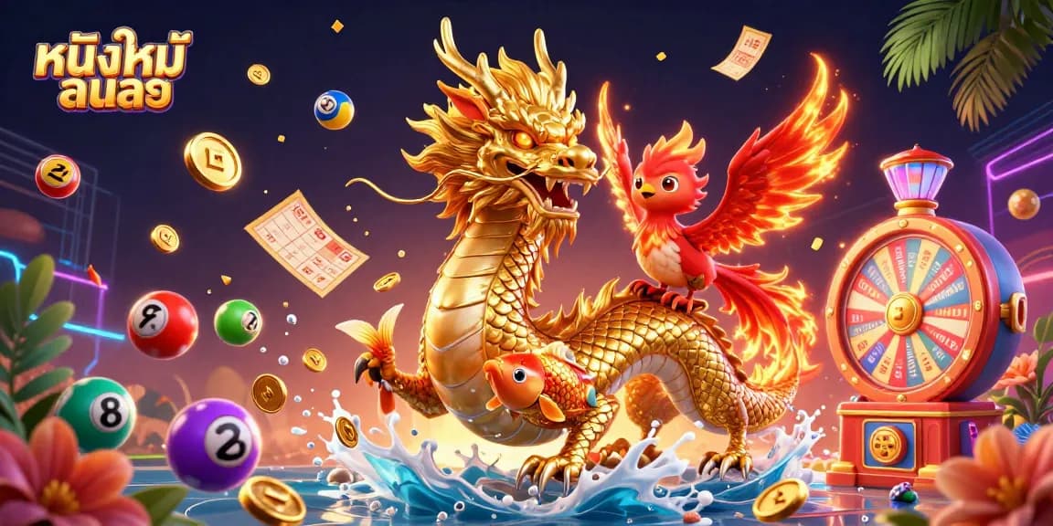 Experience หนังใหม่ชนโรง with a dynamic scene featuring a golden dragon, phoenix, and koi, amidst gambling symbols.
