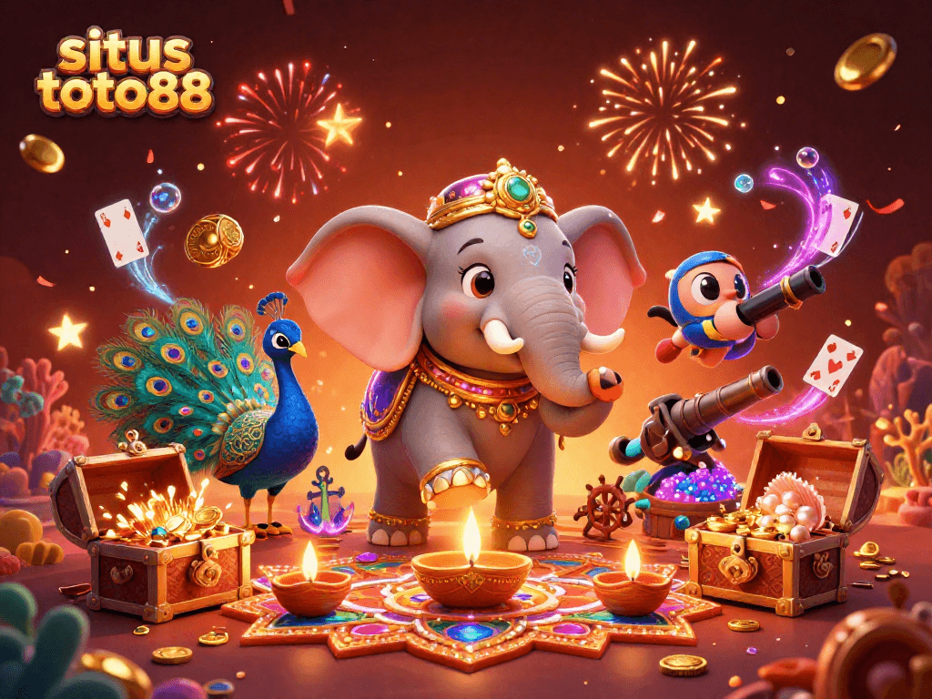 Experience excitement at situs toto88 with vibrant 3D characters amidst festive casino elements.