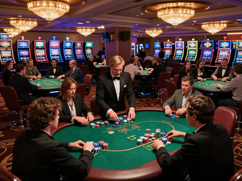Engaged players enjoying poker action at a bustling casino floor, highlighting ดูหนัง experience with vibrant atmosphere.