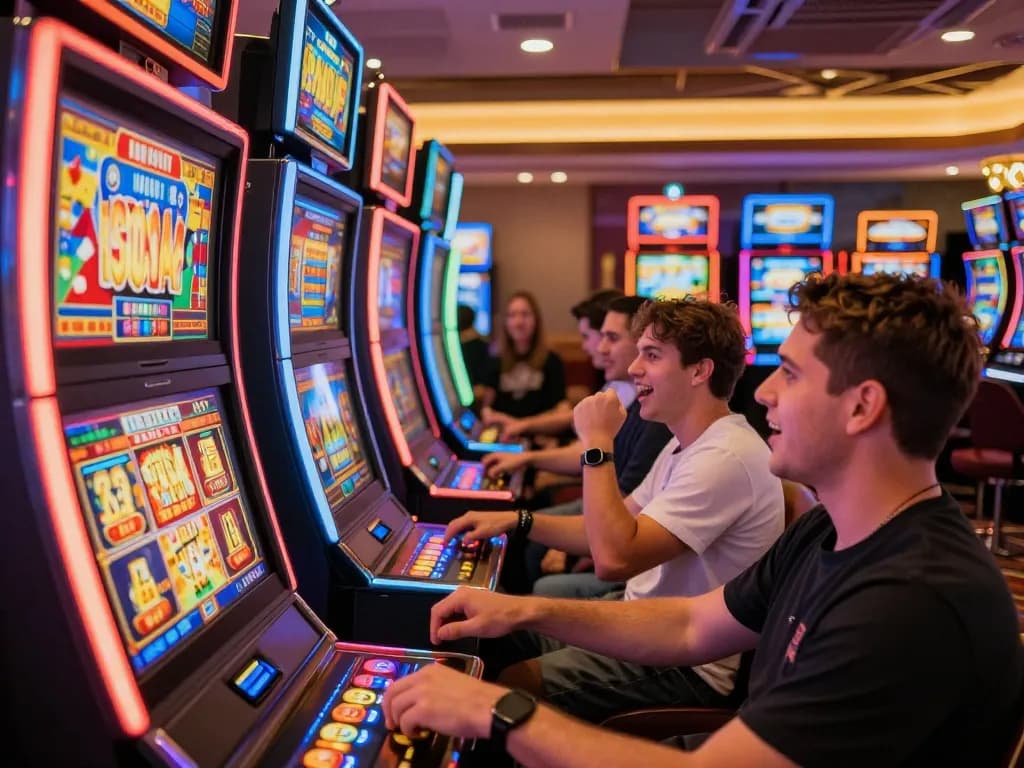 Pemain berinteraksi dengan mesin slot di suasana kasino yang ramai penuh dengan kegembiraan neon
