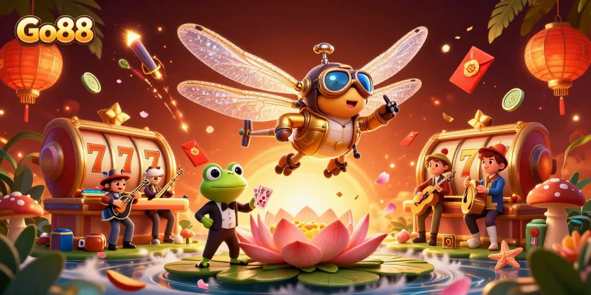 Experience thrilling gameplay with Go88 as the dragonfly pilot and frog croupier entertain at an enchanting casino.