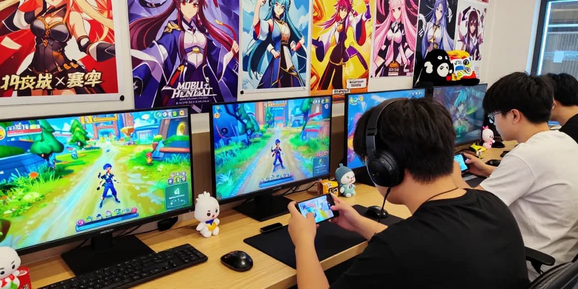 Exciting gaming scene with mobile hentai games characters and player engaging on smartphone.