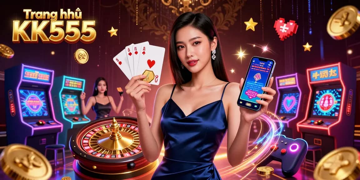 Play exciting games at Trang chủ KK555, featuring a stunning Asian woman with a smartphone in a vibrant casino setting.
