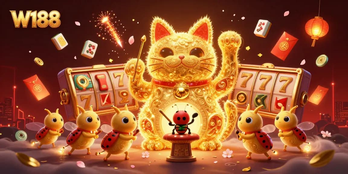 Experience thrilling gameplay at W188 with vibrant slots and lucky symbols in a dynamic casino scene.
